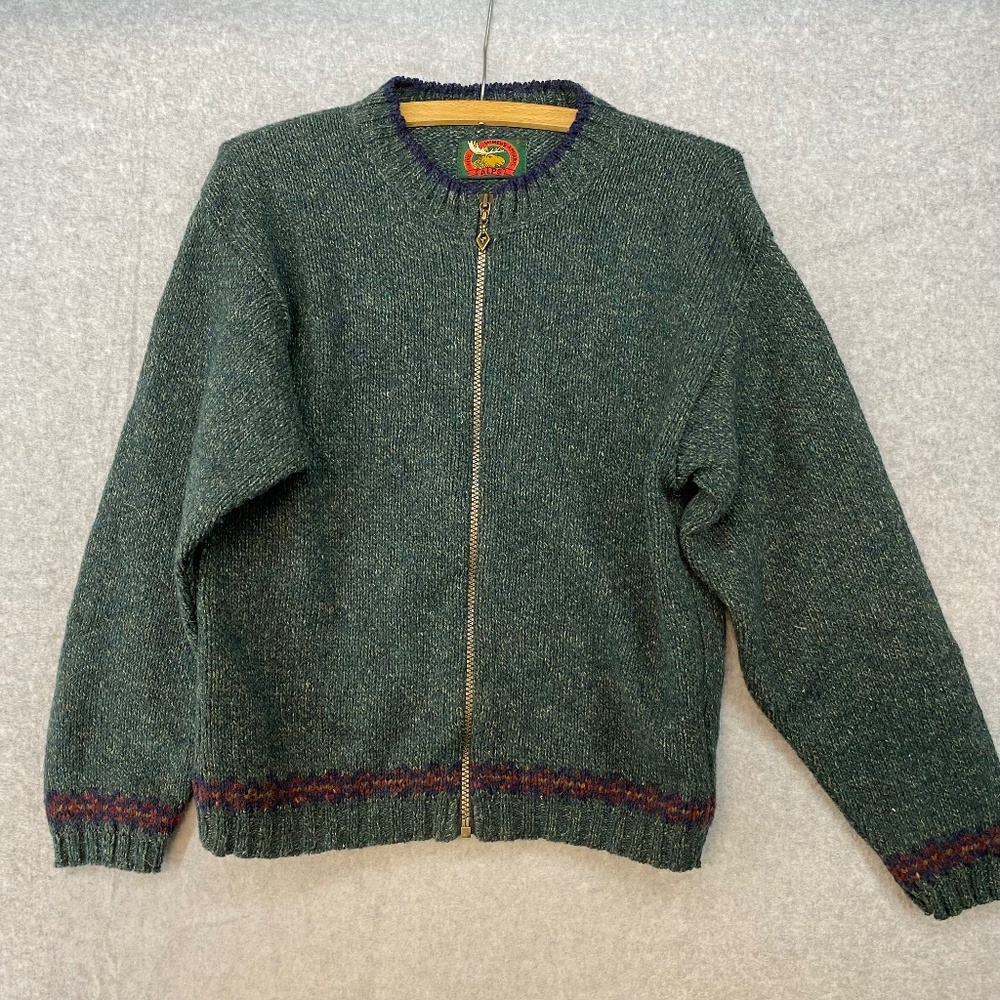 Vintage ALPS Small Full Zip Wool Sweater Green Blue Red Nordic
